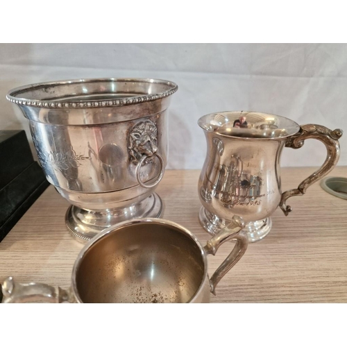 45 - Collection of Silver Plated Items; Trophy on Base, (Approx. H: 37cm), Ice Bucket / Plant Holder, 3 x... 