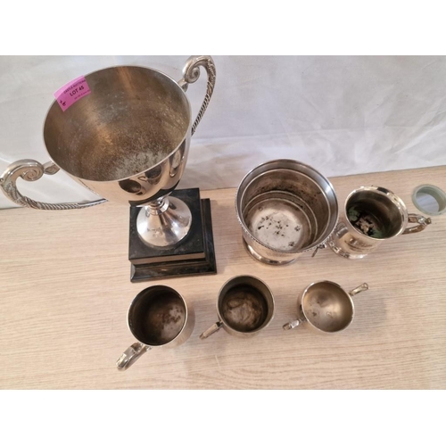 45 - Collection of Silver Plated Items; Trophy on Base, (Approx. H: 37cm), Ice Bucket / Plant Holder, 3 x... 