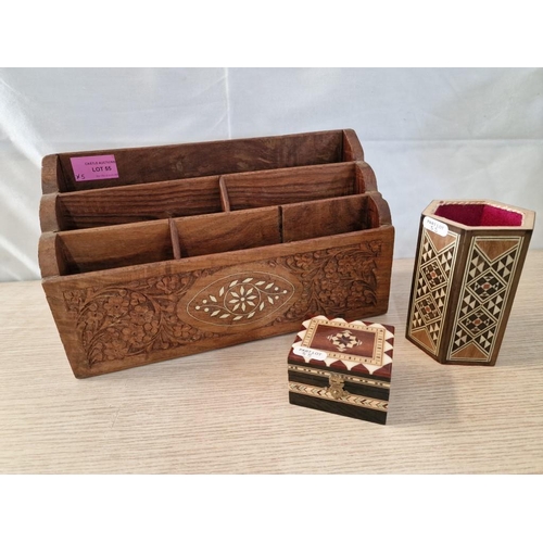 55 - Ornately Carved and Inlaid Desk Top Stationary Tidy (31 x 18 x 10cm), Together with Hexagonal Inlaid... 