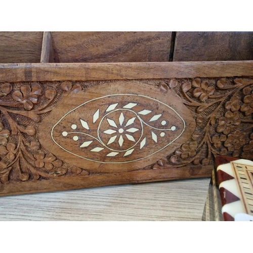 55 - Ornately Carved and Inlaid Desk Top Stationary Tidy (31 x 18 x 10cm), Together with Hexagonal Inlaid... 