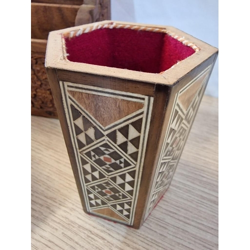 55 - Ornately Carved and Inlaid Desk Top Stationary Tidy (31 x 18 x 10cm), Together with Hexagonal Inlaid... 