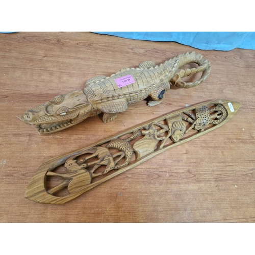 59 - Pierced African Wood Carving of Animals (53 x 8cm), Together with Wooden Carving of Crocodile, (47cm... 