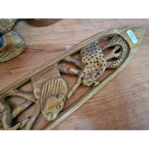59 - Pierced African Wood Carving of Animals (53 x 8cm), Together with Wooden Carving of Crocodile, (47cm... 