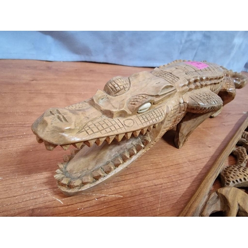 59 - Pierced African Wood Carving of Animals (53 x 8cm), Together with Wooden Carving of Crocodile, (47cm... 