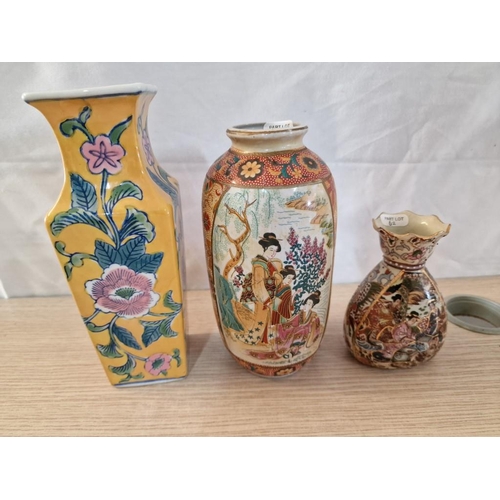 62 - 3 x Oriental Vases; Round One Showing Geisha Girls, (20cm), Square One, (23cm) and Satsuma Style, (1... 