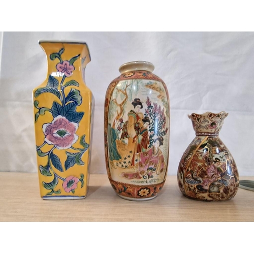 62 - 3 x Oriental Vases; Round One Showing Geisha Girls, (20cm), Square One, (23cm) and Satsuma Style, (1... 