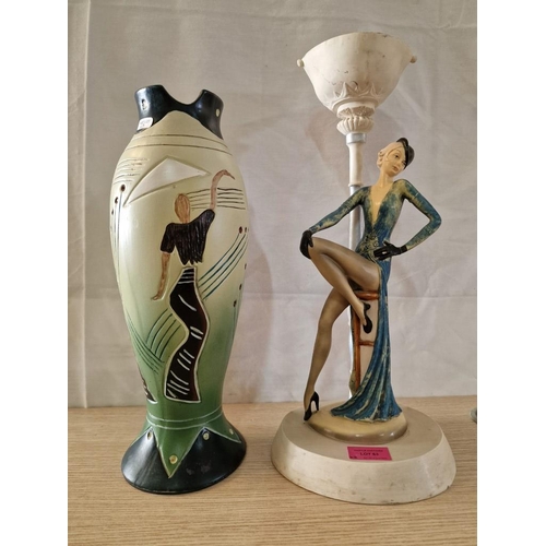 63 - French Art Deco Style Ceramic Vase (H: 37cm), Together with Elegant Art Deco Figurine of Parisienne ... 