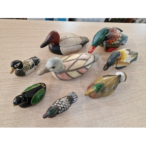 69 - Collection of 8 x Ornamental Ducks; 6 x Wooden (10-23cm), 1 x Porcelain (9cm) and One Stone (21cm), ... 