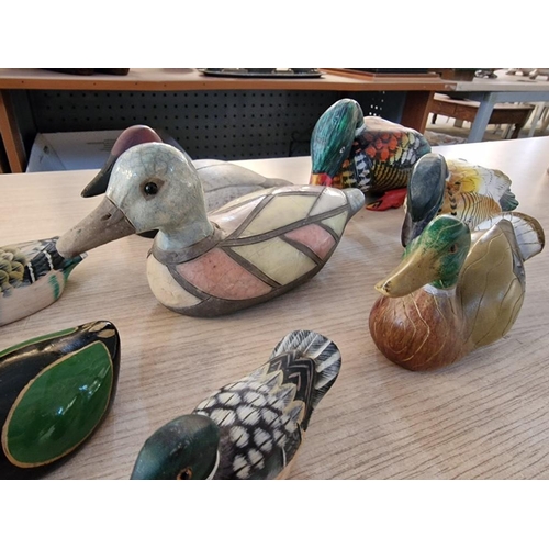 69 - Collection of 8 x Ornamental Ducks; 6 x Wooden (10-23cm), 1 x Porcelain (9cm) and One Stone (21cm), ... 