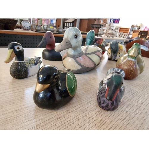 69 - Collection of 8 x Ornamental Ducks; 6 x Wooden (10-23cm), 1 x Porcelain (9cm) and One Stone (21cm), ... 