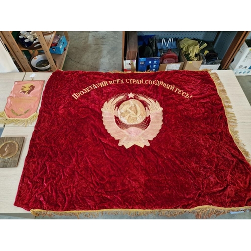 146 - Red Velvet Double Sided Embroidered Russian Communist / Soviet Union Banner Flag, with Golden Fringe... 