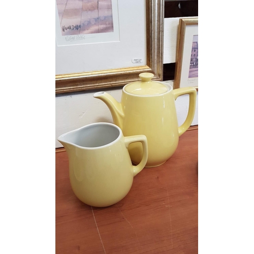 200 - Vintage Circa 70 - 80's Yellow Ceramic Tea Set; Large Tea Pot, Water Jar and 6 x Cups + 6 x Saucers