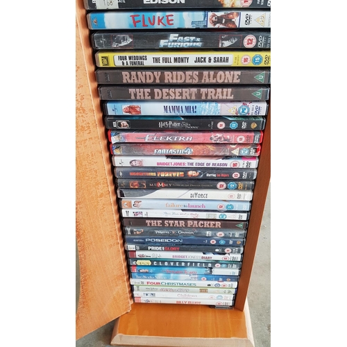 229 - Teak Coloured DVD Stand with 42 x Assorted Movies on DVD's (Stand 23 x 17 x 85cm)