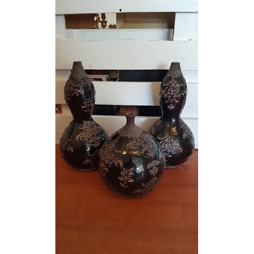 230 - Terracotta / Metal Art - Hand Made Home Decor - Set of 3 x Matching Vases with Leaf Pattern (H:26.5c... 