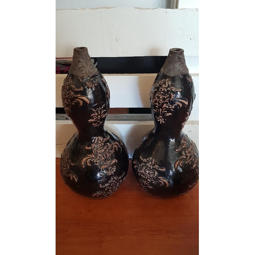 230 - Terracotta / Metal Art - Hand Made Home Decor - Set of 3 x Matching Vases with Leaf Pattern (H:26.5c... 