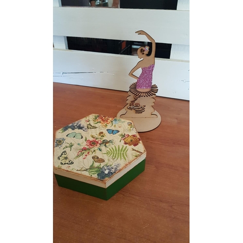 231 - Dancing Girl Table Tissue Holder (H:26.5cm) Together with Large Hexagonal Wooden Trinket Box (Ø22cm ... 