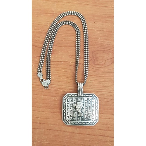 290 - Nefretete - Egyptian Queen Silver Pendant with Hieroglyphic on Silver Chain (L:39cm, Total Weight 30... 