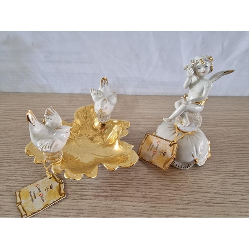139 - 2 x Capodimonte Porcelain & 'Cesare Villari Swarovski' Crystal Ornaments; Gold Tone Leaf Dish with 2... 