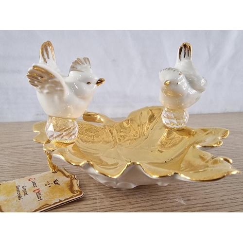 139 - 2 x Capodimonte Porcelain & 'Cesare Villari Swarovski' Crystal Ornaments; Gold Tone Leaf Dish with 2... 