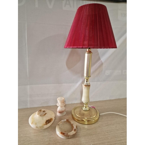 113 - Decorative Onyx and Brass Effect Table / Side Lamp with Red Shade, Together with Onyx Candle Holder,... 