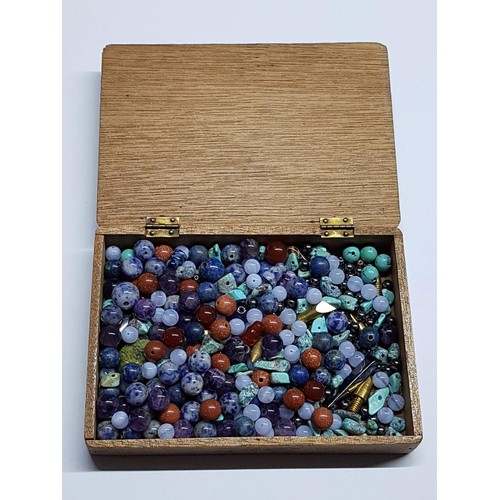83 - Large Collection of Small Multicolour Natural Stone Beads in Wooden Vintage Box (11.5 x 8.5 x 2cm)