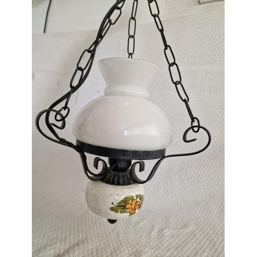 55 - Hanging Ceiling Light, Oil Lamp Style with Porcelain Base, Glass Shade, Black Metal Frame & Chain