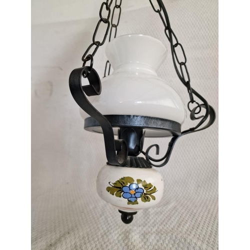 55 - Hanging Ceiling Light, Oil Lamp Style with Porcelain Base, Glass Shade, Black Metal Frame & Chain