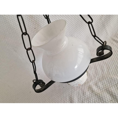55 - Hanging Ceiling Light, Oil Lamp Style with Porcelain Base, Glass Shade, Black Metal Frame & Chain