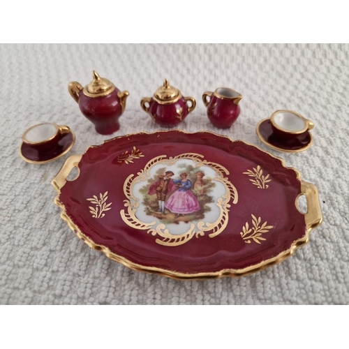 108 - Decorative Miniature Limoges Red & Gold Tone Tea Set, with Tray (Approx. L: 11cm), Ornamental Tea Po... 