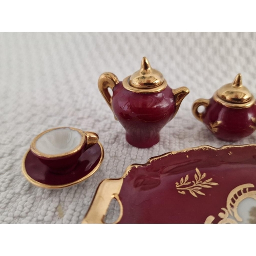 108 - Decorative Miniature Limoges Red & Gold Tone Tea Set, with Tray (Approx. L: 11cm), Ornamental Tea Po... 