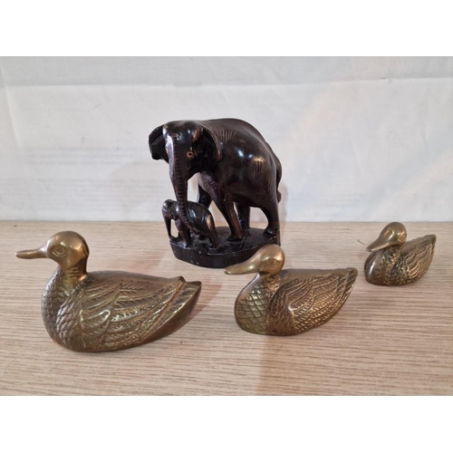 109 - Carved Wooden Ornament of Elephant, Together with Family of 3 x Brass Ducks, (4)