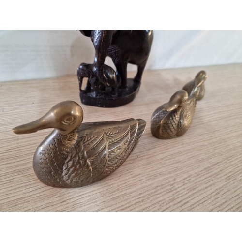 109 - Carved Wooden Ornament of Elephant, Together with Family of 3 x Brass Ducks, (4)