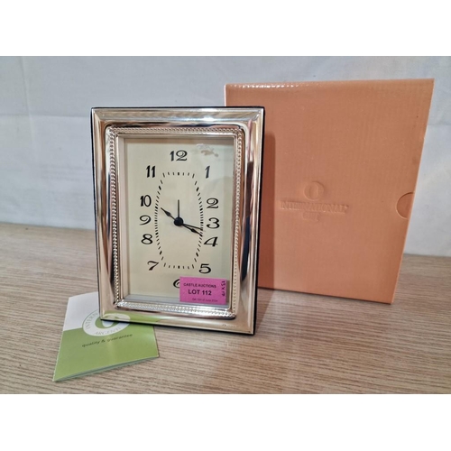 112 - 'International Gifts' Silver Plated Desk / Mantle Clock, Quartz, with Box, (Approx. 13 x 17cm), * Ba... 