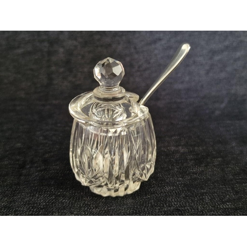 134E - Antique Cut Crystal Lidded Condiment Jar with Sterling Silver Spoon, (2)
