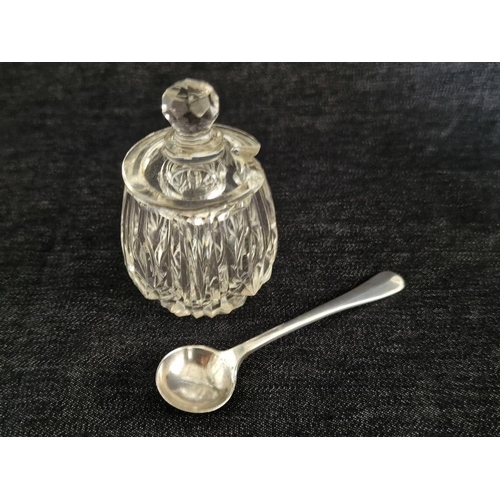 134E - Antique Cut Crystal Lidded Condiment Jar with Sterling Silver Spoon, (2)