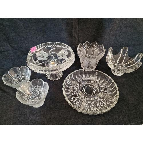 491 - Collection of Decorative Crystal & Glass Tableware; Pedestal Bowl with Floral Pattern, Large Round S... 