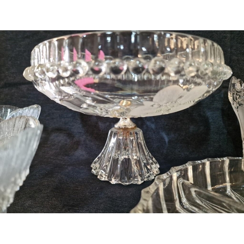 491 - Collection of Decorative Crystal & Glass Tableware; Pedestal Bowl with Floral Pattern, Large Round S... 