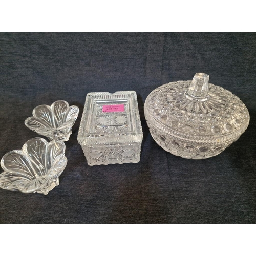 492 - Crystal Round Lidded Dish, Rectangular Dish with Ashtray Cover and Pair of Leaf Design Candle Holder... 