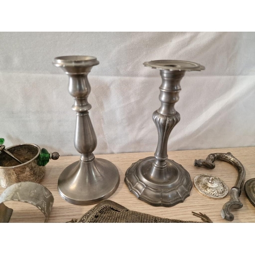 60B - Collection of Silver Plated & White Metal Tableware / Items; Candlesticks, Mesh Purse, Cake Slices, ... 