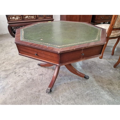 772 - Antique Style Drum Table, Hexagonal Top with Inland Green Leather Top and 4-Drawers, Over Pedestal L... 