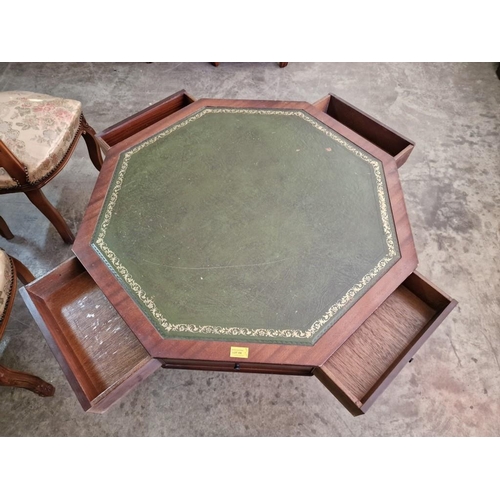 772 - Antique Style Drum Table, Hexagonal Top with Inland Green Leather Top and 4-Drawers, Over Pedestal L... 