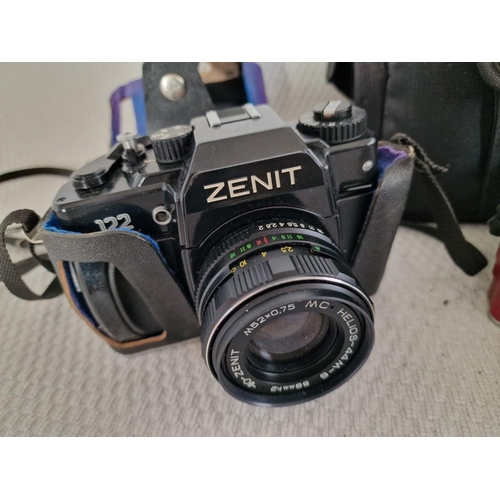 129 - 2 x Cameras; Zenit 122 with Lens and Cover, Fujifilm X-A1 with 16-50mm Lens and Bag, Together with S... 