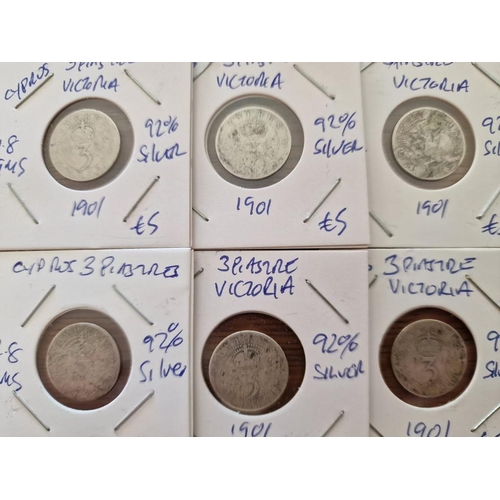 163 - Cyprus Silver Coins; 6 x 1901 Queen Victoria 3 Piastre, (Each 18mm, 1.89g, .925 Sterling Silver), (6... 