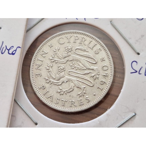 164 - 2 x Cyprus Silver Coins; 1940 King George V Nine Piastre, (23.7mm, 5.65g, .925 Sterling Silver), EF/... 