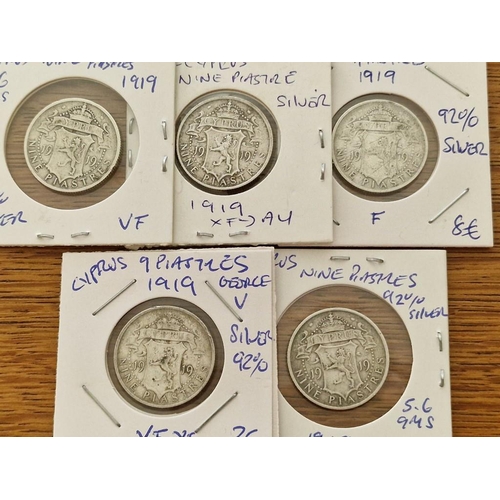 169 - 6 x Cyprus Silver Coins; 1919 King George V Nine Piastre, (23.7mm, 5.65g, .925 Sterling Silver), (6)