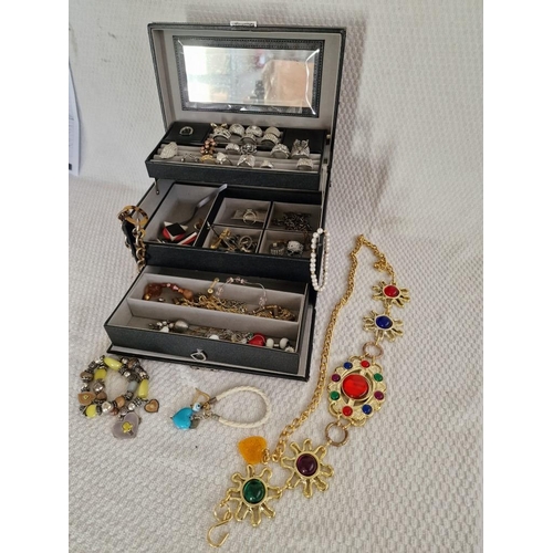 4 - Black Dressing Table Jewellery Box with Contents; Large Collection of Assorted Costume Jewellery Rin... 