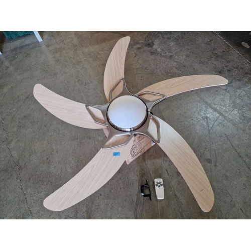 101 - 'Fantopia Moonraker' Silver and Light Wood Colour 5 x Curved Blade Ceiling Fan with Light and Remote... 