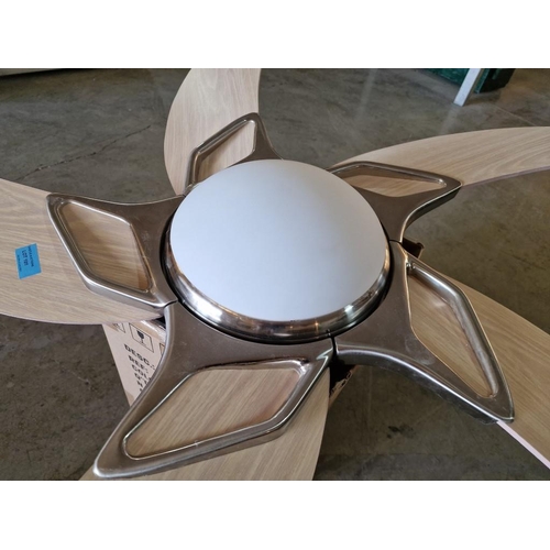 101 - 'Fantopia Moonraker' Silver and Light Wood Colour 5 x Curved Blade Ceiling Fan with Light and Remote... 