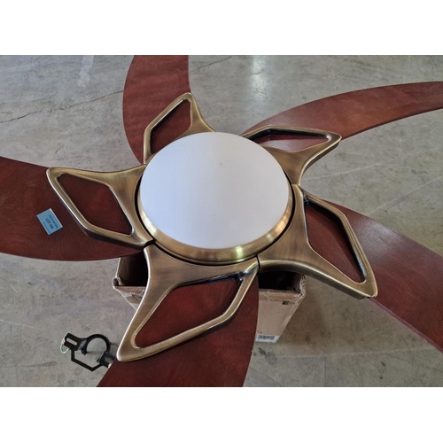 104 - 'Fantopia Moonraker' Brass Colour & Dark Wood 5 x Curved Blade Ceiling Fan with Light and Remote Con... 