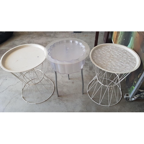 74 - Patio / Garden Set of 2 x Matching Side Tables (Tray Top, Ø: 43cm, H: 53cm) and Retro 90's Frosted P... 